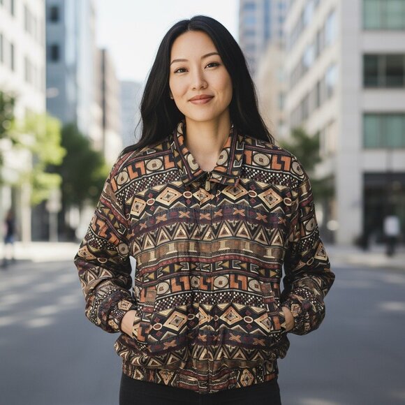 CoAco Vintage Silk Bomber Jacket L – Unisex Tribal Aztec Print Zip Up - Picture 2 of 12